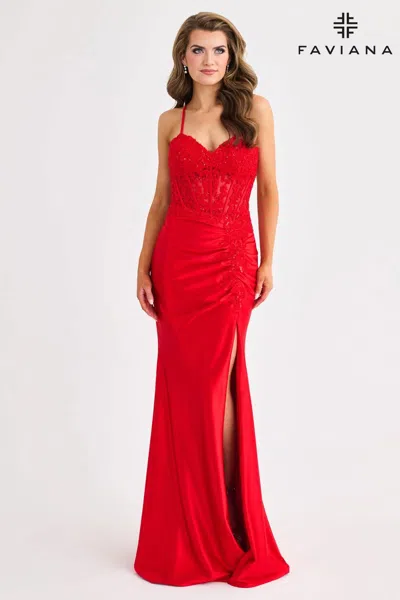 Faviana 11414 Long Formal Lace Applique Prom Dress In Red