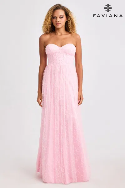 Faviana 11418 Long Formal Beaded Corset Prom Dress In Pink