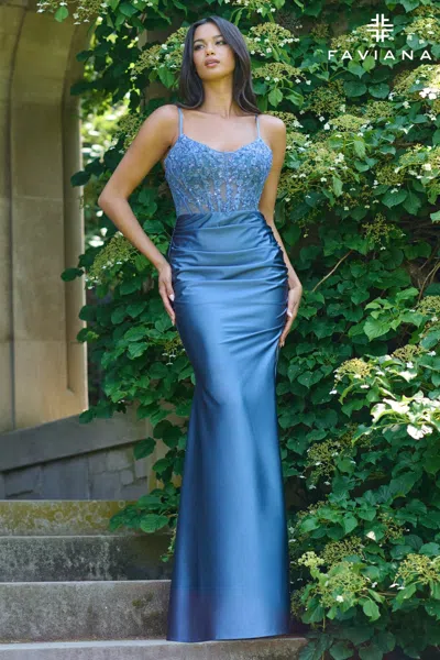 Faviana 11433 Long Lace Applique Formal Corset Prom Dress In Transparent