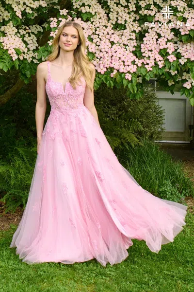Faviana 11437 Beaded Lace Applique Long Formal Prom Dress In Pink