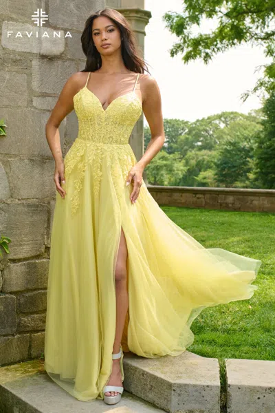Faviana 11438 Lace Corset Prom Long Formal Dress In Yellow