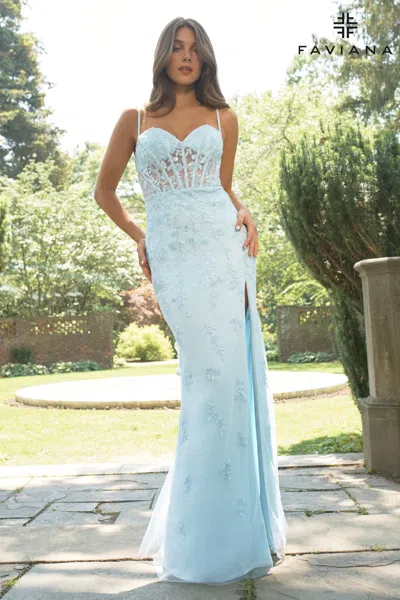 Faviana 11439 Lace Applique Corset Long Prom Formal Dress In Blue