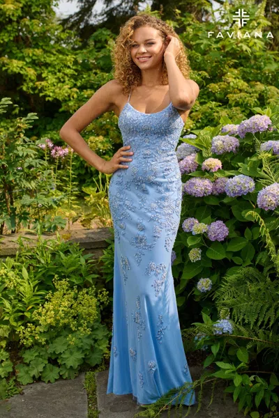 Faviana 11440 Beaded Long Formal Prom Evening Dress In Blue