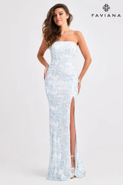 Faviana 11442 Long Formal Sequin Prom Slit Dress In Blue