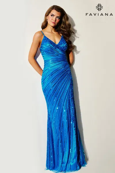 Faviana 11462 Beaded Long Formal Prom Evening Dress In Blue