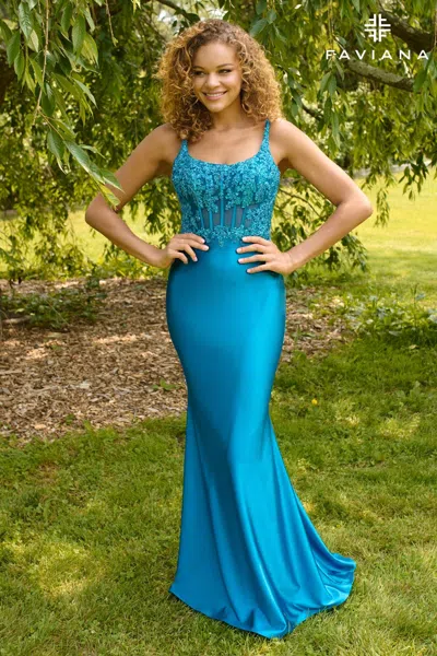 Faviana 11467 Long Formal Beaded Corset Fitted Prom Dress In Blue