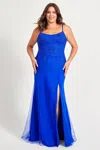 Faviana 9559 Long Prom Beaded Prom Lace Plus Size Dress In Blue