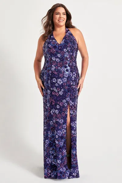 Faviana 9560 Plus Size Long Floral Formal Prom Sequin Dress In Blue