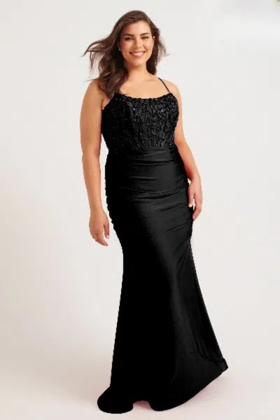 Faviana 9569 Prom Fitted Long Formal Beaded Corset Plus Size Dress In Black