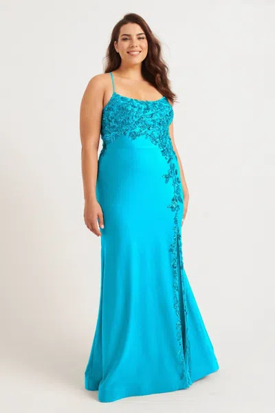 Faviana 9570 Fitted Long Formal Plus Size Beaded Prom Dress In Blue