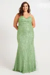 Faviana 9572 Long Formal Beaded Applique Prom Plus Size Dress In Green