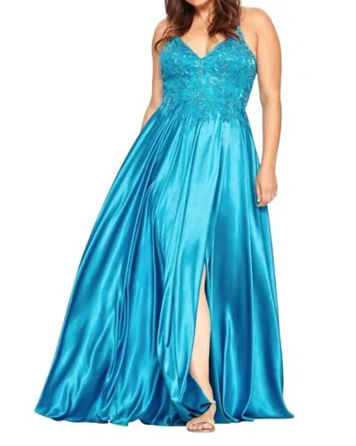 Faviana Applique Bodice Gown In Teal In Blue
