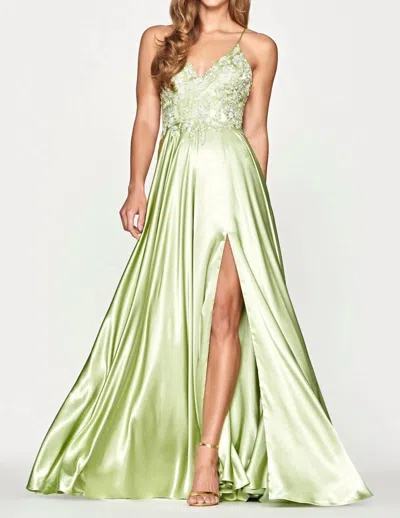 Faviana Beaded Bodice A-line Gown In Celery In Green