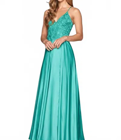 Faviana Beaded Bodice A-line Gown In Teal In Blue