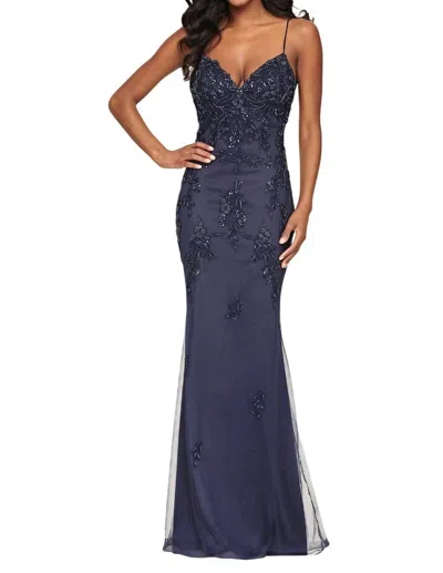 Faviana Beaded Lace Long V Neck Dress With Open Back In Navy In Blue