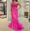 Faviana Beaded One Shoulder Long Dress In Lipstick In Multi