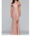 Faviana Classic Metallic Off The Shoulder Gown In Rose Gold In Multi