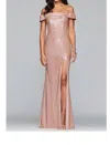 FAVIANA CLASSIC METALLIC OFF THE SHOULDER GOWN IN ROSE GOLD