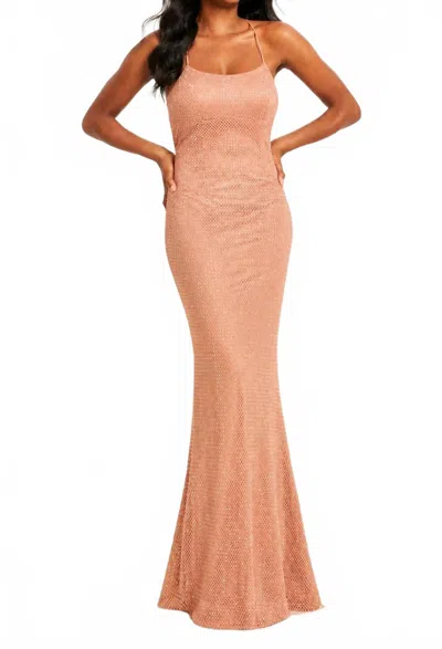 Faviana Crystal Embellished Mesh Long Dress With Lace-up Back In Rose Gold In Pink