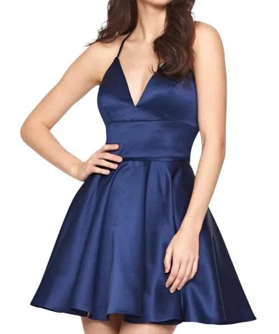 Faviana Deep V Babydoll Short Satin Dress In Navy In Blue