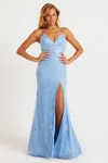 Faviana Fa11229 Long Formal Floral Lace Slit Prom Dress In Blue