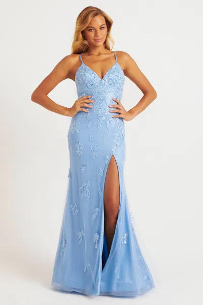 Faviana Fa11229 Long Formal Floral Lace Slit Prom Dress In Blue