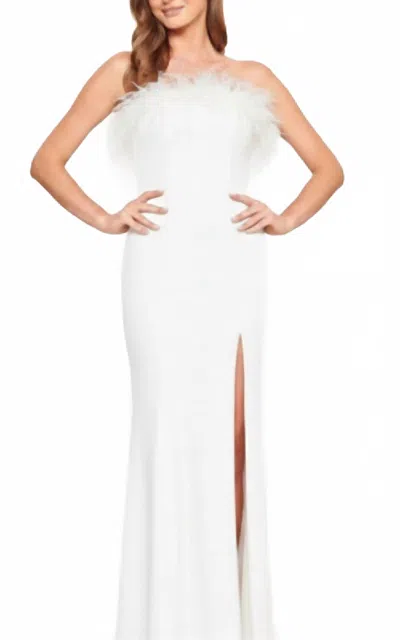 Faviana Feather Trim Dress With Leg Slit In Ivory In White