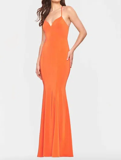 Faviana Fit & Flare Open Back Gown In Tangerine In Orange