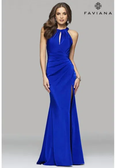 Faviana Front Slit Low Back Gown In Royal In Blue