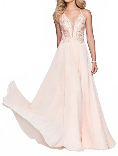 Faviana Halter Lace Up Back Gown In Light Peach In Pink