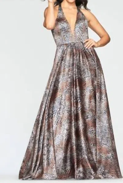 Faviana Halter V-neck Gown In Cheetah Print In Gray