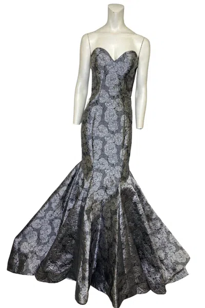 Faviana Jacquard Classic Evening Gown In Grey And Silver Floral