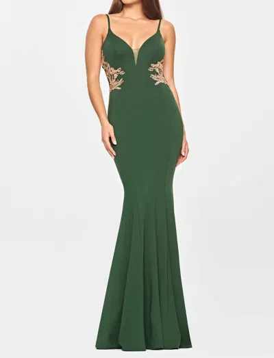 Faviana Jersey Cutout With Applique Gown In Emerald/gold In Green