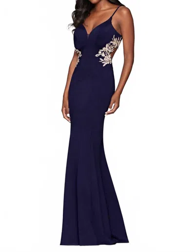 Faviana Jersey Cutout With Applique Gown In Navy/gold In Animal Print