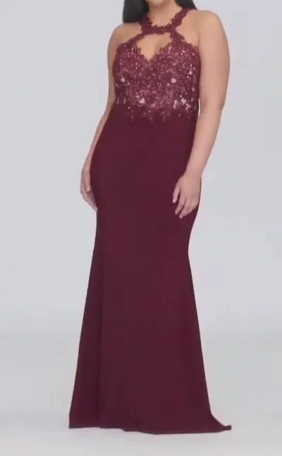 Faviana Lace Halter Jersey Gown In Bordeaux In Burgundy