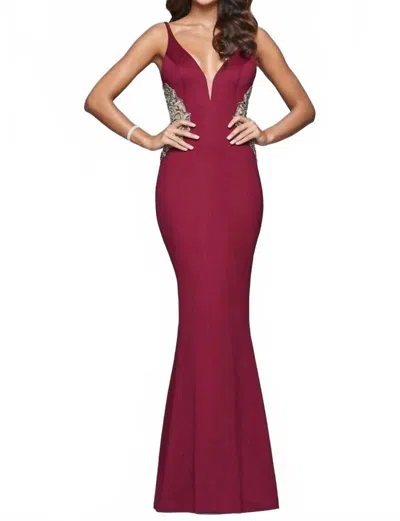Faviana Long Fitted Neoprene Dress With Beading At Side Waist And Open Back In Wine In Red