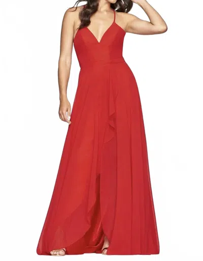 Faviana Long Satin A-line Halter Maxi Dress In Red