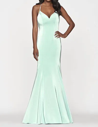 Faviana Long Satin Dress In Sage In Green