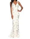 Faviana Long V-neck Sequin-pattern Prom Dress In Champagne In White
