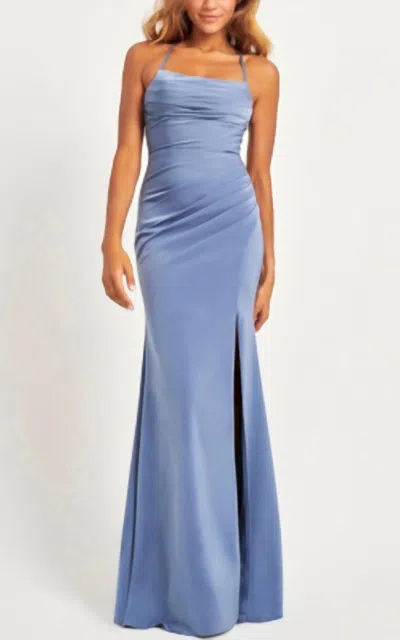 Faviana Matte Satin Maxi Dress With Gathered Side And Lace-up Back In Slate In Blue
