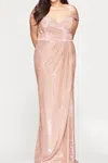 Faviana Off The Shoulder Metallic Gown In Rose Gold In Multi