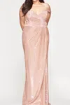 FAVIANA OFF THE SHOULDER METALLIC GOWN IN ROSE GOLD
