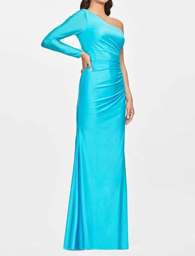 Faviana One Shoulder Long Sleeve Gown In Sky Blue