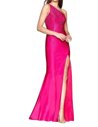 Faviana One Shoulder Rhinestone Gown In Hot Pink