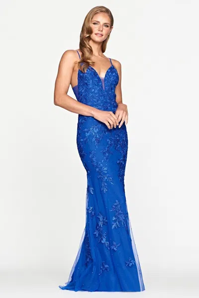 Faviana S10509 Fitted Long Formal Lace Prom Dress In Blue