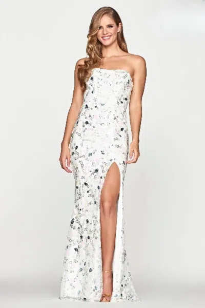 Faviana S10650 Prom Fitted Slit Long Formal Sequin Dress In White