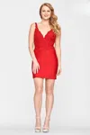 Faviana S10712 Fitted Lace Applique Short Bodycon Cocktail Dress In Red