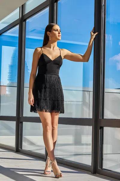 Faviana S10722 Homecoming Short Fitted Fringe Cocktail Dress In Black