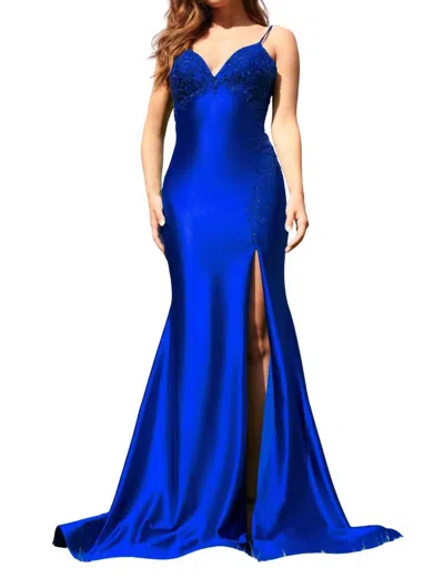 Faviana Satin Beaded Long Gown In Royal In Blue