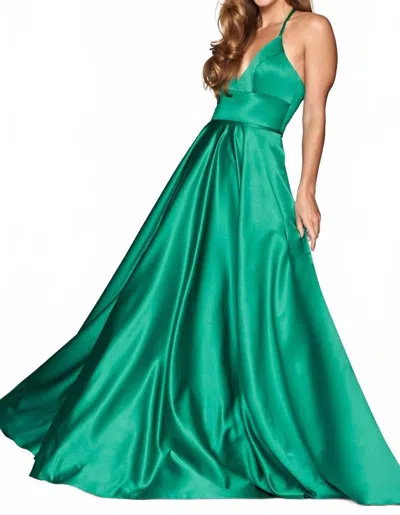 Faviana Satin Evening Gown In Jade In Blue